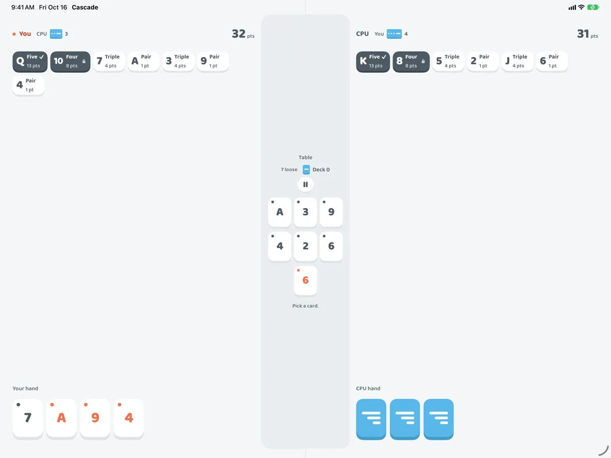The two-pane board: your side of the table on the left, the computer's on the right, and the shared cards in a band down the middle