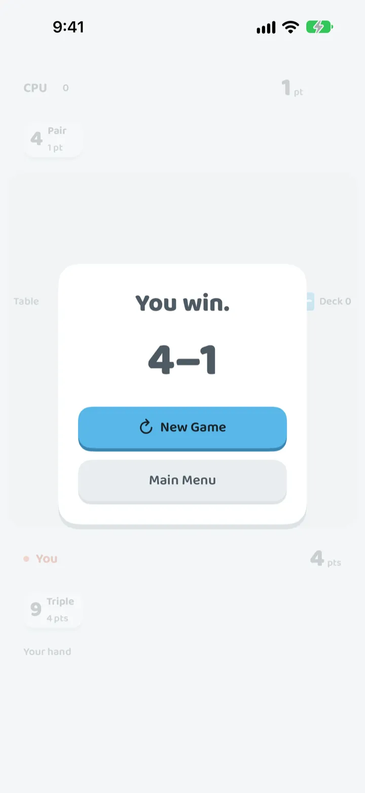 The result card at the end of a game: You win, 4 to 1, with New Game and Main Menu buttons