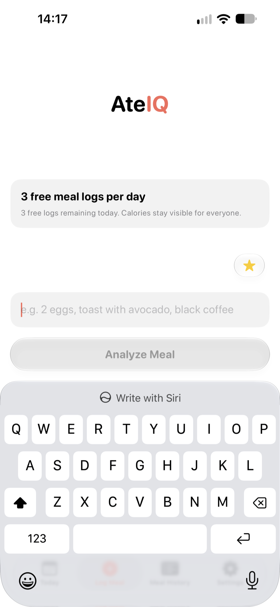 AteIQ meal entry screen