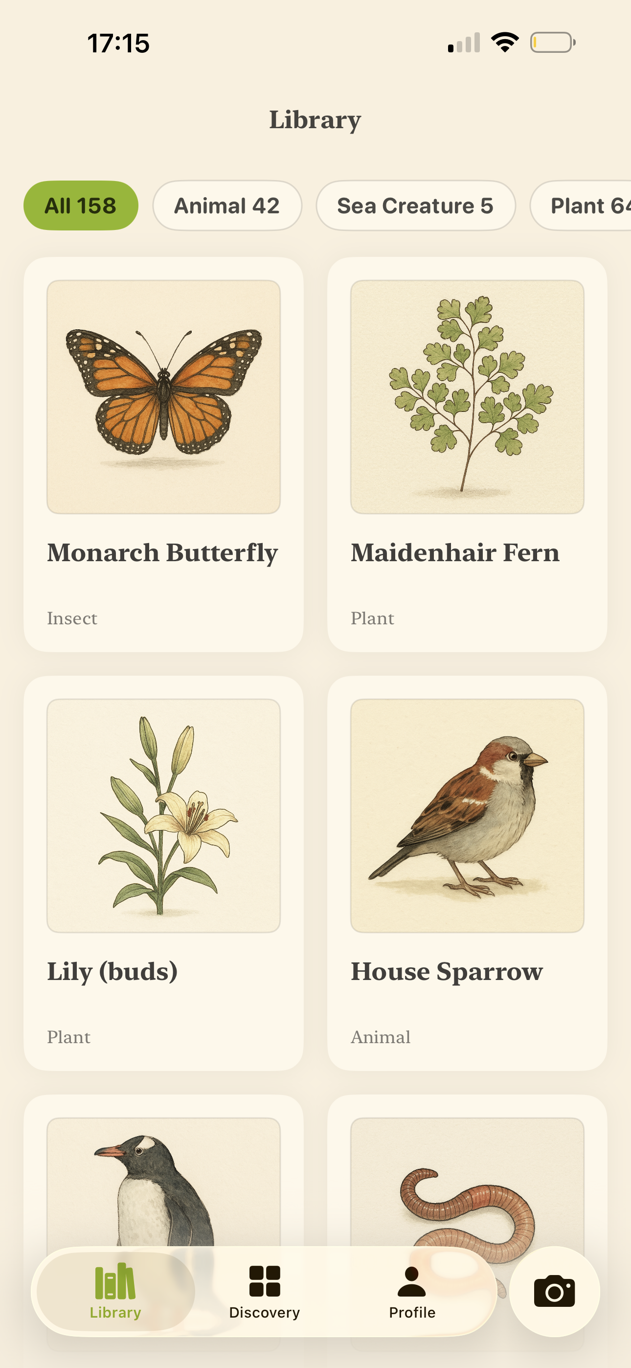 Naturalis library screen showing illustrated species cards.